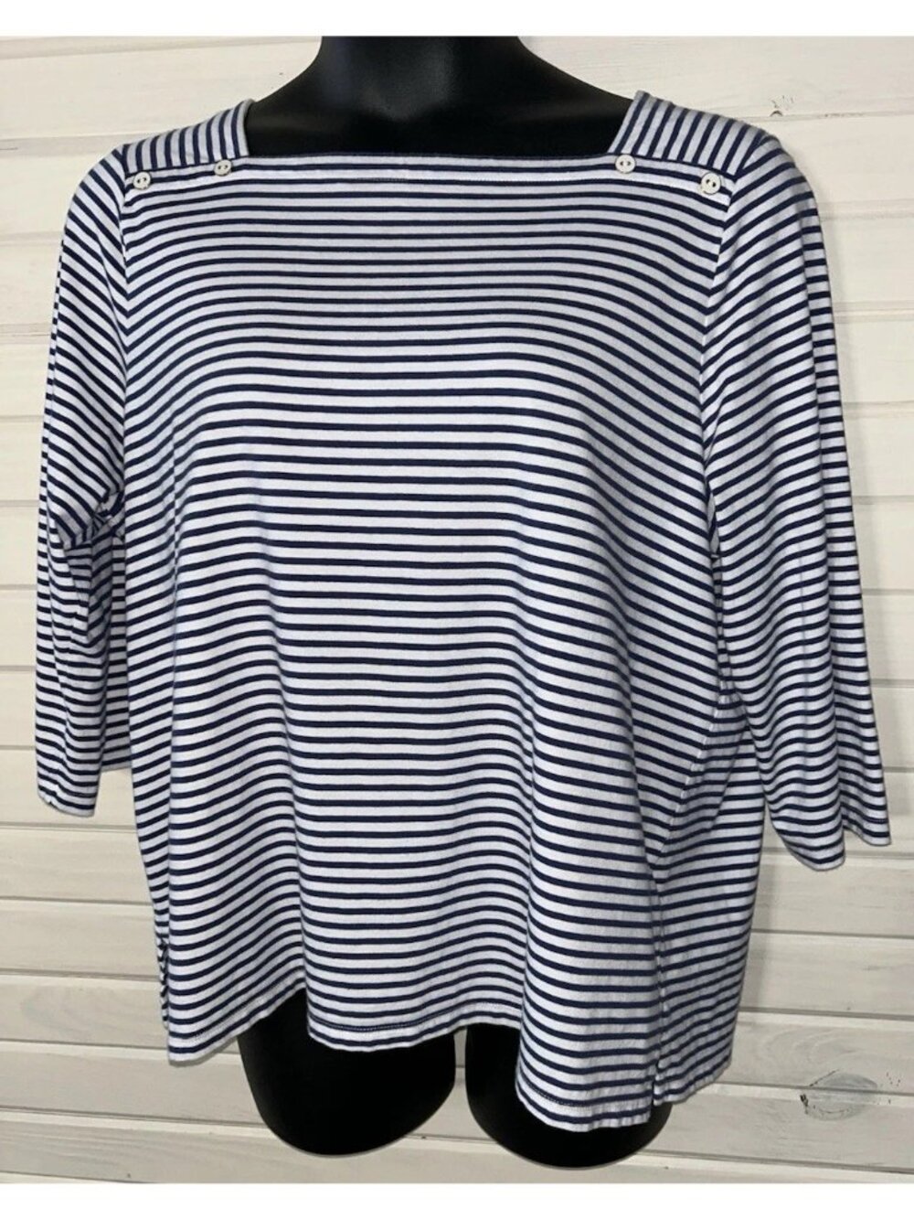 Talbots Sz PLUS 2X Button Shoulder Square Neck Blue White Stripe Knit Top EUC